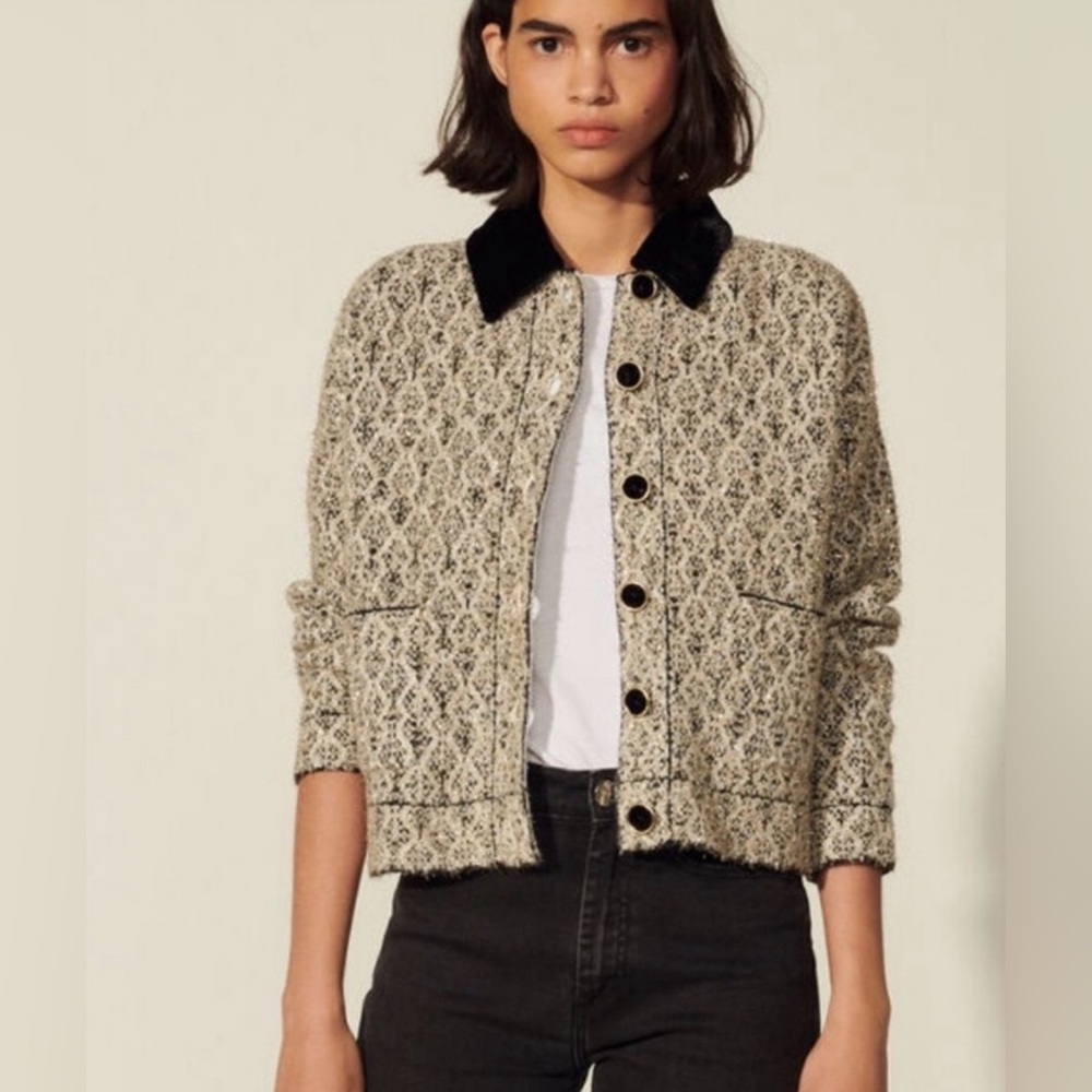 Sandro Black and Cream Textured Blazer